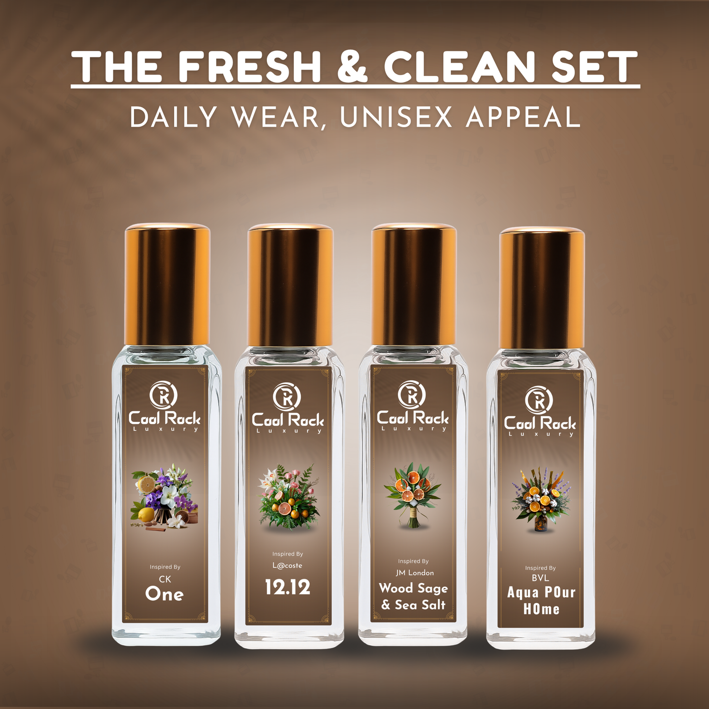 C-3 | Fresh & Clean Perfume Set | One, 12.12, Wood Sage & Sea Salt, Aqua Pour Homme | Crisp Daily Wear Unisex Combo (4 x 20ml)