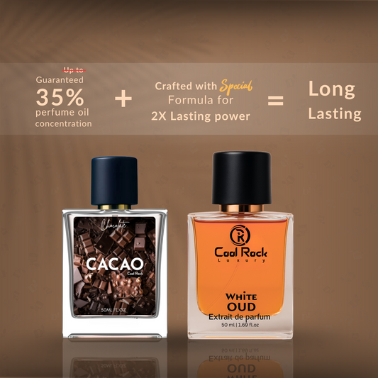 Cool Rock Luxury Perfume Combo – Cacao Gourmand Oriental & White Oud Extrait de Parfum – Long Lasting, Unisex, Premium Fragrance, 50ml Each