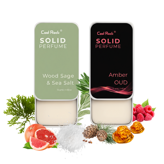 Cool Rock Solid Perfume Duo – Wood Sage & Sea Salt + Amber Oud | Long-Lasting, Alcohol-Free, Travel-Friendly Solid Fragrance for Men & Women | 12g Each