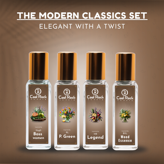 C-5 | Modern Classics Perfume Set | Boss Women, P. Green, Legend, & Wood Essence | Timeless Masculine Scent Combo (4 x 20ml)