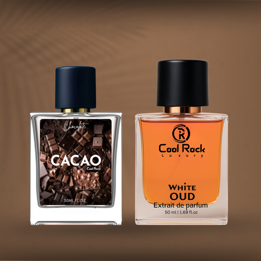 Cool Rock Luxury Perfume Combo – Cacao Gourmand Oriental & White Oud Extrait de Parfum – Long Lasting, Unisex, Premium Fragrance, 50ml Each
